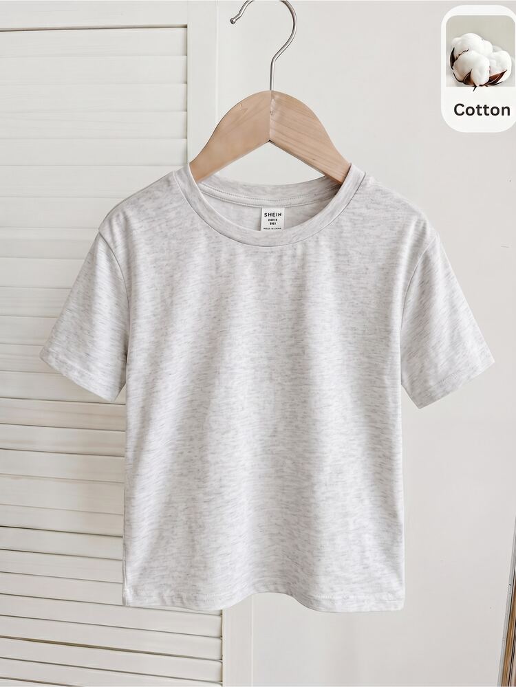 SHEIN Áo thun nữ thiếu nhi dệt kim màu trơn cổ tròn dáng ôm phong cách thường ngày - Xám - Xem 7