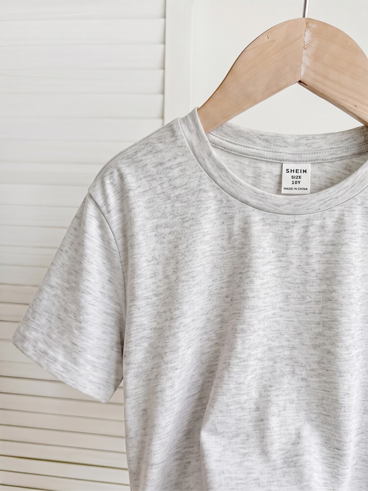 SHEIN Áo thun nữ thiếu nhi dệt kim màu trơn cổ tròn dáng ôm phong cách thường ngày - Xám - Xem 6