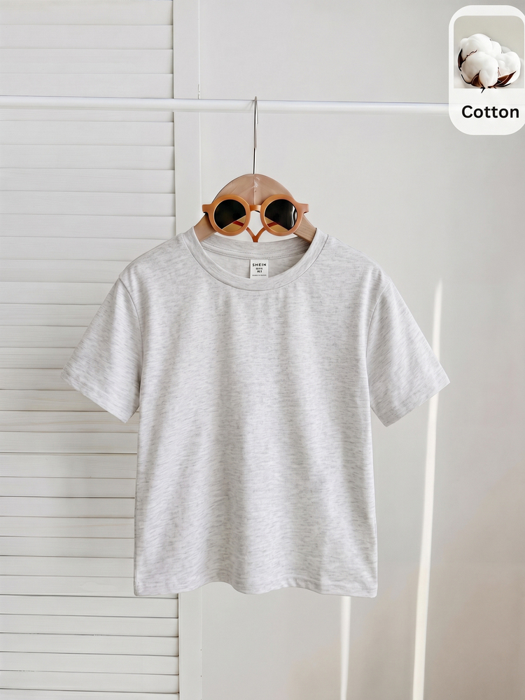 SHEIN Áo thun nữ thiếu nhi dệt kim màu trơn cổ tròn dáng ôm phong cách thường ngày - Xám - Xem 5
