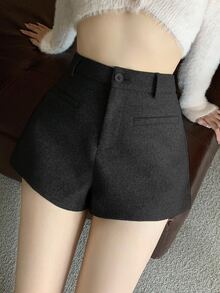 DAZY 秋冬加厚仿羊毛商務休閒辦公穿搭可愛設計口袋直筒女款短褲 - 黑色 - 查看 4
