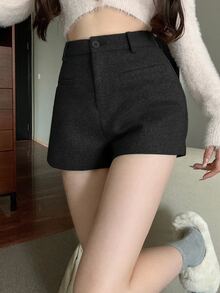 DAZY 秋冬加厚仿羊毛商務休閒辦公穿搭可愛設計口袋直筒女款短褲 - 黑色 - 查看 5