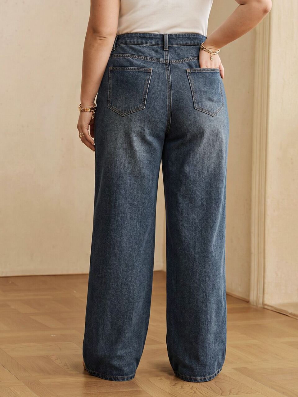 Autumn Vintage Commute Outfits Side Vertical Stripe Design Straight Leg Blue Plus Size Jeans For Women, Suitable For Commute, Daily, Outing