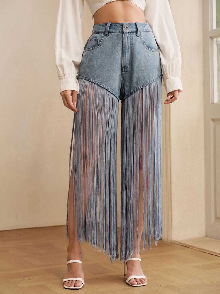 Anewsta Tall شورت جينز أزرق فاتح بتصميم موضة صور المواعيد مع شرابات زرقاء للربيع/الصيف - الأزرق - مشاهدة 4