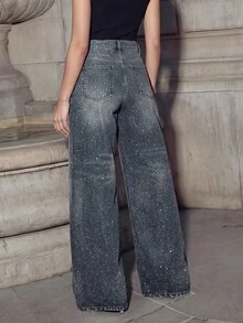 Anewsta Casual Bleached Dazzling Wide Leg Jeans - Blue - View 7