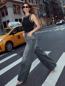 Anewsta Casual Bleached Dazzling Wide Leg Jeans - Blue - View 6