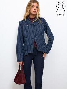 Nöista Dark Blue Double-Breasted Denim Jacket With Metal Buttons. Smart Casual Layer For Office And Weekend Looks. Cozy - Blue - View 1