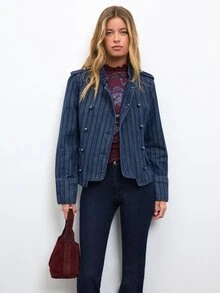 Nöista Dark Blue Double-Breasted Denim Jacket With Metal Buttons. Smart Casual Layer For Office And Weekend Looks. Cozy - Blue - View 6