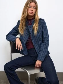 Nöista Dark Blue Double-Breasted Denim Jacket With Metal Buttons. Smart Casual Layer For Office And Weekend Looks. Cozy - Blue - View 9