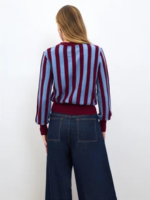 Nöista Striped Knit Sweater In Burgundy And Blue With A Tie-Neck Bow Scarf. Ribbed Cuffs And Hem. Day To Night, Back To School.Fall,Autumn,Winter Clothes. - Burgundy - View 6