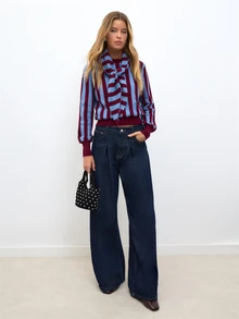 Nöista Striped Knit Sweater In Burgundy And Blue With A Tie-Neck Bow Scarf. Ribbed Cuffs And Hem. Day To Night, Back To School.Fall,Autumn,Winter Clothes. - Burgundy - View 1