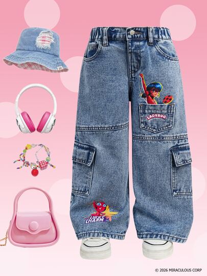 Miraculous Ladybug X SHEIN Jeans en denim à la mode avec imprimé de dessin animé mignon de jeune fille et poche avec bouton