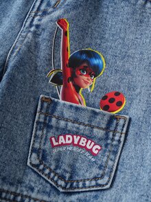 Miraculous Ladybug X SHEIN 少女卡通印花可愛口袋鈕扣時尚牛仔長褲 - 藍色 - 查看 5