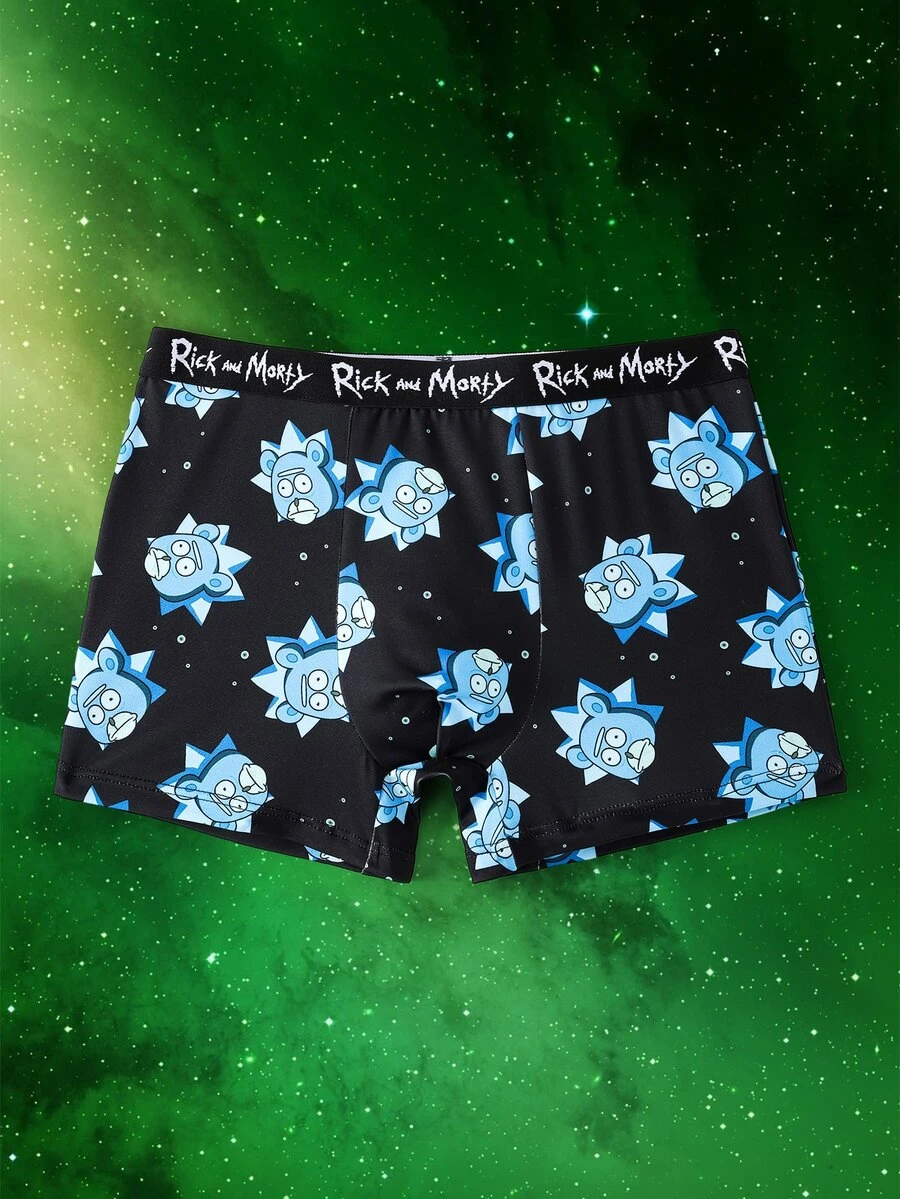 Rick and Morty X SHEIN 男士趣味卡通印花四角內褲 - 黑色 - 查看 1