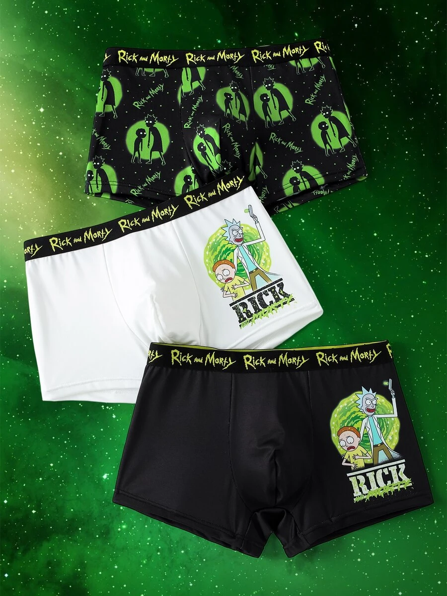 Rick and Morty X SHEIN Celana Dalam Boxer Pria Kasual dengan Motif Huruf dan Pinggang Elastis - Hitam dan Putih - View 1