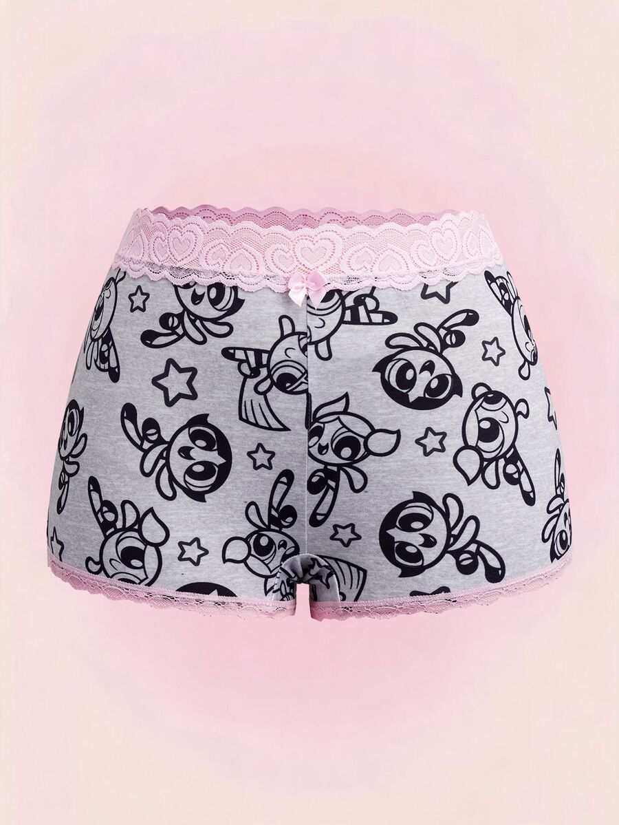 THE POWERPUFF GIRLS X SHEIN سروال داخلي قصير للبنات بطبعة قلب وتصميم رقعات ودانتيل - رمادي - مشاهدة 1