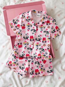 THE POWERPUFF GIRLS X SHEIN 少女卡通印花單排扣短袖上衣與短褲居家服套裝 - 藕粉色 - 查看 1