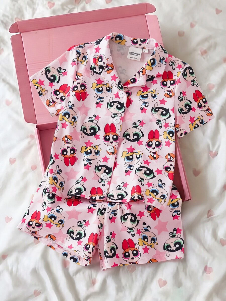 THE POWERPUFF GIRLS X SHEIN 少女卡通印花單排扣短袖上衣與短褲居家服套裝 - 藕粉色 - 查看 1