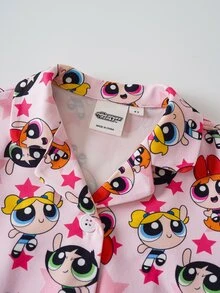 THE POWERPUFF GIRLS X SHEIN 少女卡通印花單排扣短袖上衣與短褲居家服套裝 - 藕粉色 - 查看 4