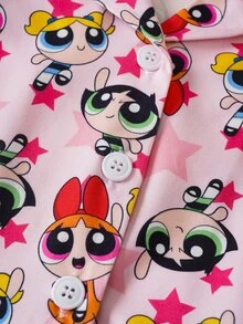 THE POWERPUFF GIRLS X SHEIN 少女卡通印花單排扣短袖上衣與短褲居家服套裝 - 藕粉色 - 查看 5