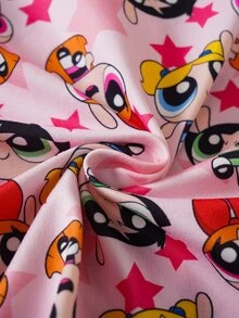 THE POWERPUFF GIRLS X SHEIN 少女卡通印花單排扣短袖上衣與短褲居家服套裝 - 藕粉色 - 查看 7