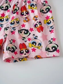 THE POWERPUFF GIRLS X SHEIN 少女卡通印花單排扣短袖上衣與短褲居家服套裝 - 藕粉色 - 查看 6