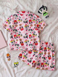 THE POWERPUFF GIRLS X SHEIN 少女卡通印花單排扣短袖上衣與短褲居家服套裝 - 藕粉色 - 查看 2