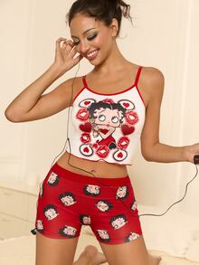 Betty Boop x SHEIN 聯名女童內衣套裝，背心 + 紅色印花四角內褲 2 件組 - 紅色 - 查看 5