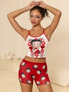 Betty Boop x SHEIN 聯名女童內衣套裝，背心 + 紅色印花四角內褲 2 件組 - 紅色 - 查看 6