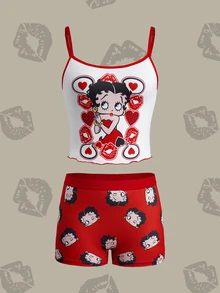 Betty Boop x SHEIN 聯名女童內衣套裝，背心 + 紅色印花四角內褲 2 件組 - 紅色 - 查看 3
