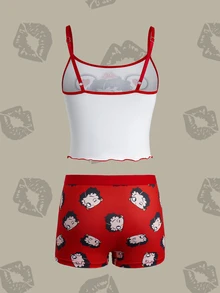 Betty Boop x SHEIN 聯名女童內衣套裝，背心 + 紅色印花四角內褲 2 件組 - 紅色 - 查看 2