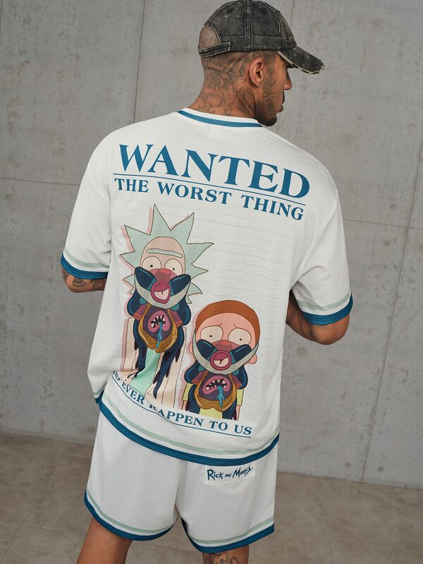Rick and Morty X SHEIN Ensemble décontracté pour homme avec t-shirt à manches courtes et short, imprimé lettres et dessin animé, pour un usage quotidien