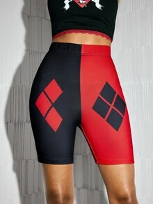Harley Quinn X SHEIN Women's Geometric Print Elastic Waist Casual Base Shorts - Black - View 4