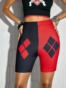 Harley Quinn X SHEIN Women's Geometric Print Elastic Waist Casual Base Shorts - Black - View 3
