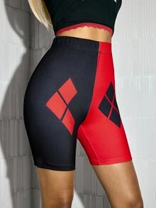 Harley Quinn X SHEIN Women's Geometric Print Elastic Waist Casual Base Shorts - Black - View 6