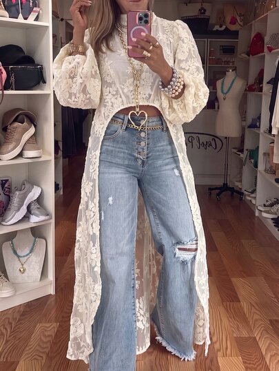 Weeklong Plus Size Women's Summer New Beige Lace Long Cover Up, Sheer Stand Collar Lantern Sleeve Sun Protection Cover-Up, Vacation Style Elegant Fashion