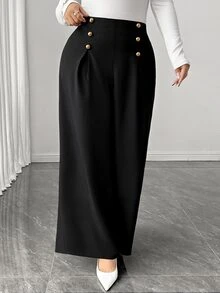 Elenzga Plus Size Women's Button Design Pleated Wide Leg Loose Elegant Dressy Suit Pants Office Wedding Black And Gold Fall - Black - View 4