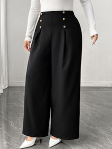 Elenzga Plus Size Women's Button Design Pleated Wide Leg Loose Elegant Dressy Suit Pants Office Wedding Black And Gold Fall - Black - View 3