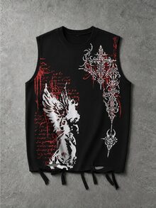 ROMWE MEN Street Life Men's Dark Hip-Hop Print Colorblock Crew Neck Distressed Tank Top - Black - View 7