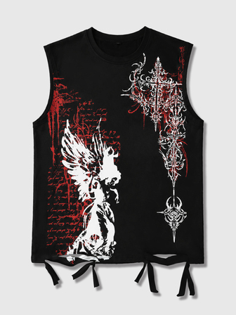 Street Life Camiseta sin mangas de cuello redondo con estampado de hip-hop oscuro y bloques de color desgastado para hombre