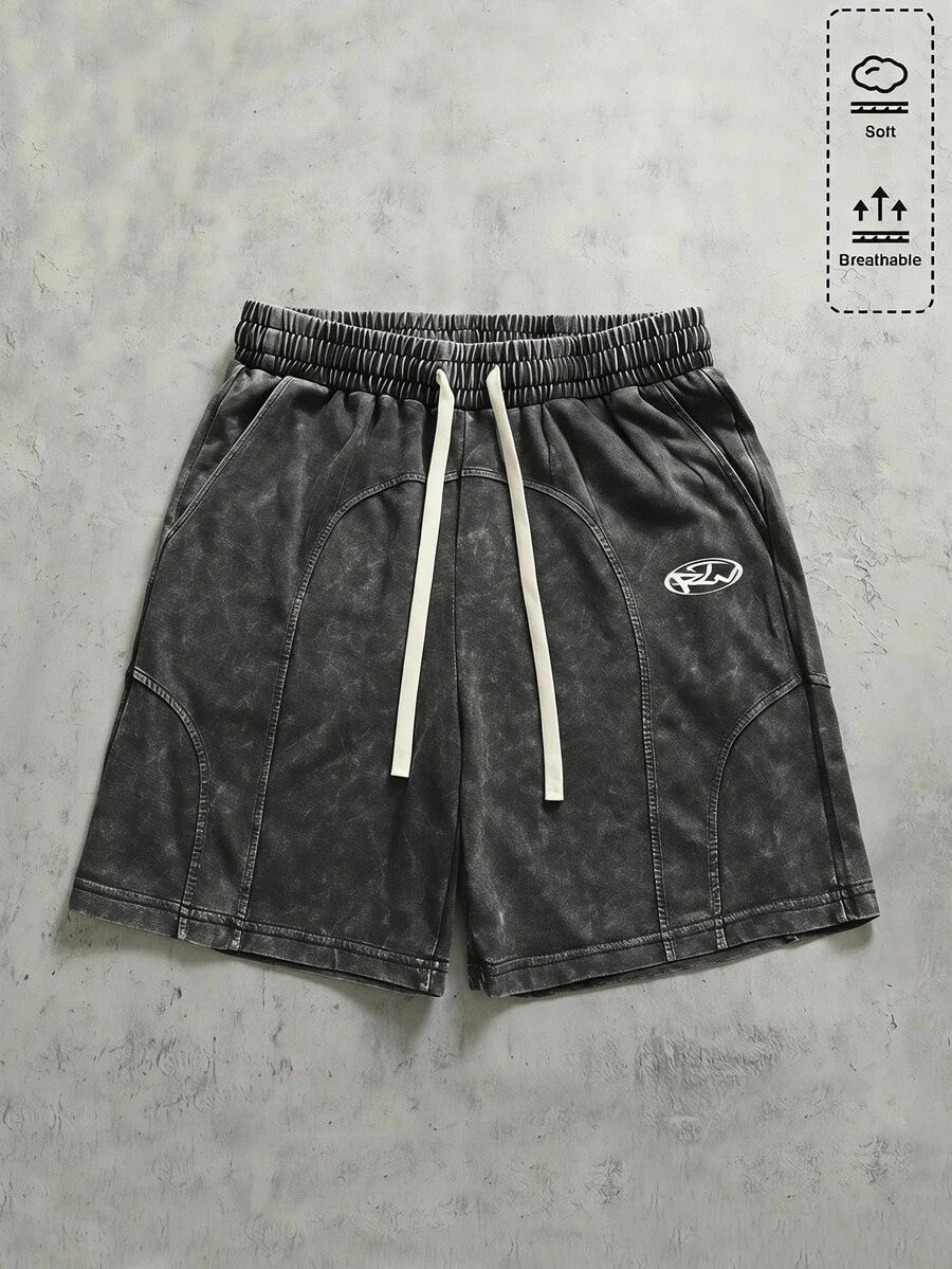 ROMWE MEN Essentials Quần short nam dáng đứng phối patchwork giặt wash mài rách - Xám - Xem 1
