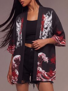 ROMWE J-Fashion 波浪和口罩印花落肩袖開門襟和服罩衫 - 黑色 - 查看 6