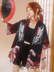 ROMWE J-Fashion 波浪和口罩印花落肩袖開門襟和服罩衫 - 黑色 - 查看 1
