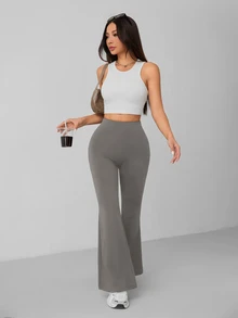 SHEIN PETITE Women's Solid Color High Waisted Flared Casual Athleisure Pants,Petite Women Gym Grey Autumn,Petite Women - Grey - View 7