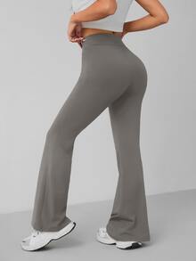 SHEIN PETITE Women's Solid Color High Waisted Flared Casual Athleisure Pants,Petite Women Gym Grey Autumn,Petite Women - Grey - View 3