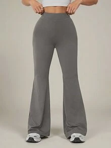 SHEIN PETITE Women's Solid Color High Waisted Flared Casual Athleisure Pants,Petite Women Gym Grey Autumn,Petite Women - Grey - View 11