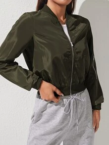 SHEIN PETITE 女款純色拉鍊休閒長袖夾克 秋冬款 - 軍綠色 - 查看 4
