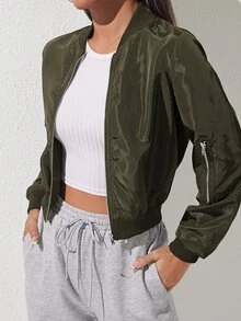 SHEIN PETITE 女款純色拉鍊休閒長袖夾克 秋冬款 - 軍綠色 - 查看 7