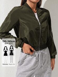SHEIN PETITE 女款純色拉鍊休閒長袖夾克 秋冬款 - 軍綠色 - 查看 1
