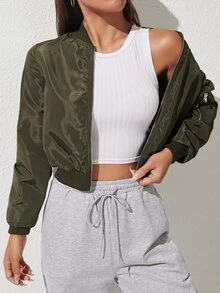 SHEIN PETITE 女款純色拉鍊休閒長袖夾克 秋冬款 - 軍綠色 - 查看 5