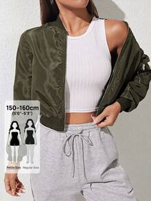 SHEIN PETITE 女款純色拉鍊休閒長袖夾克 秋冬款 - 軍綠色 - 查看 6